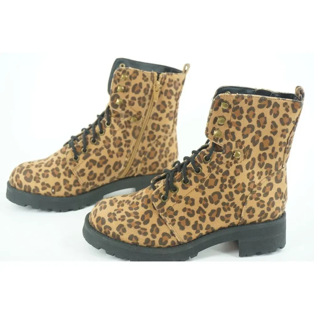 Mia Miki Combat Leopard Print Lug Ankle Boots Size 6.5 Zip Lace Up Brown